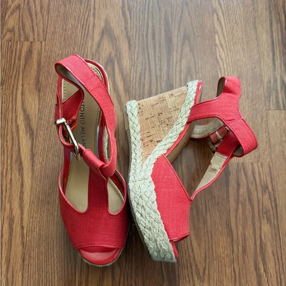 Antonio Melani Maree Coral T-Strap Wedge Espadrille Orange Sandals - Size 6